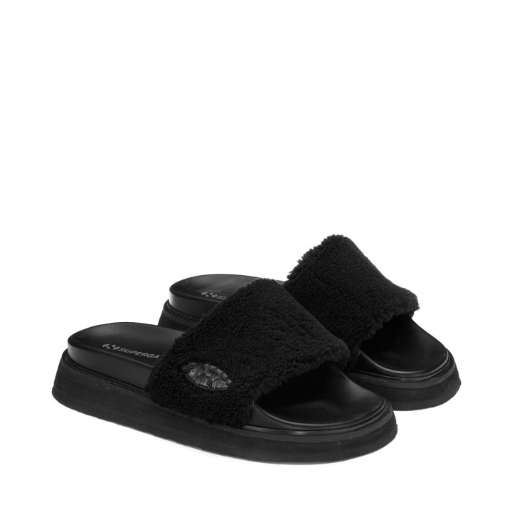 Superga 1918 Slide Platforma Od Umjetnog Krzna Potpuno Crna