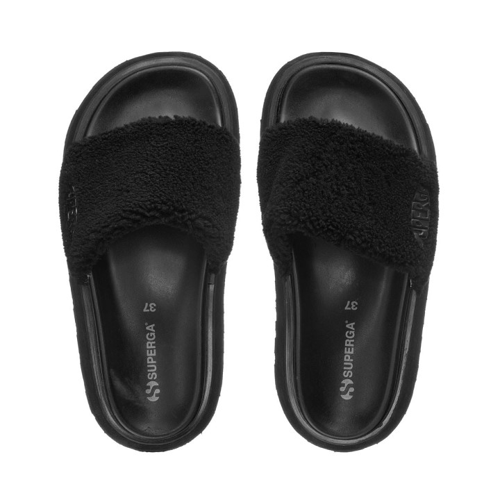 Superga 1918 Slide Platforma Od Umjetnog Krzna Potpuno Crna